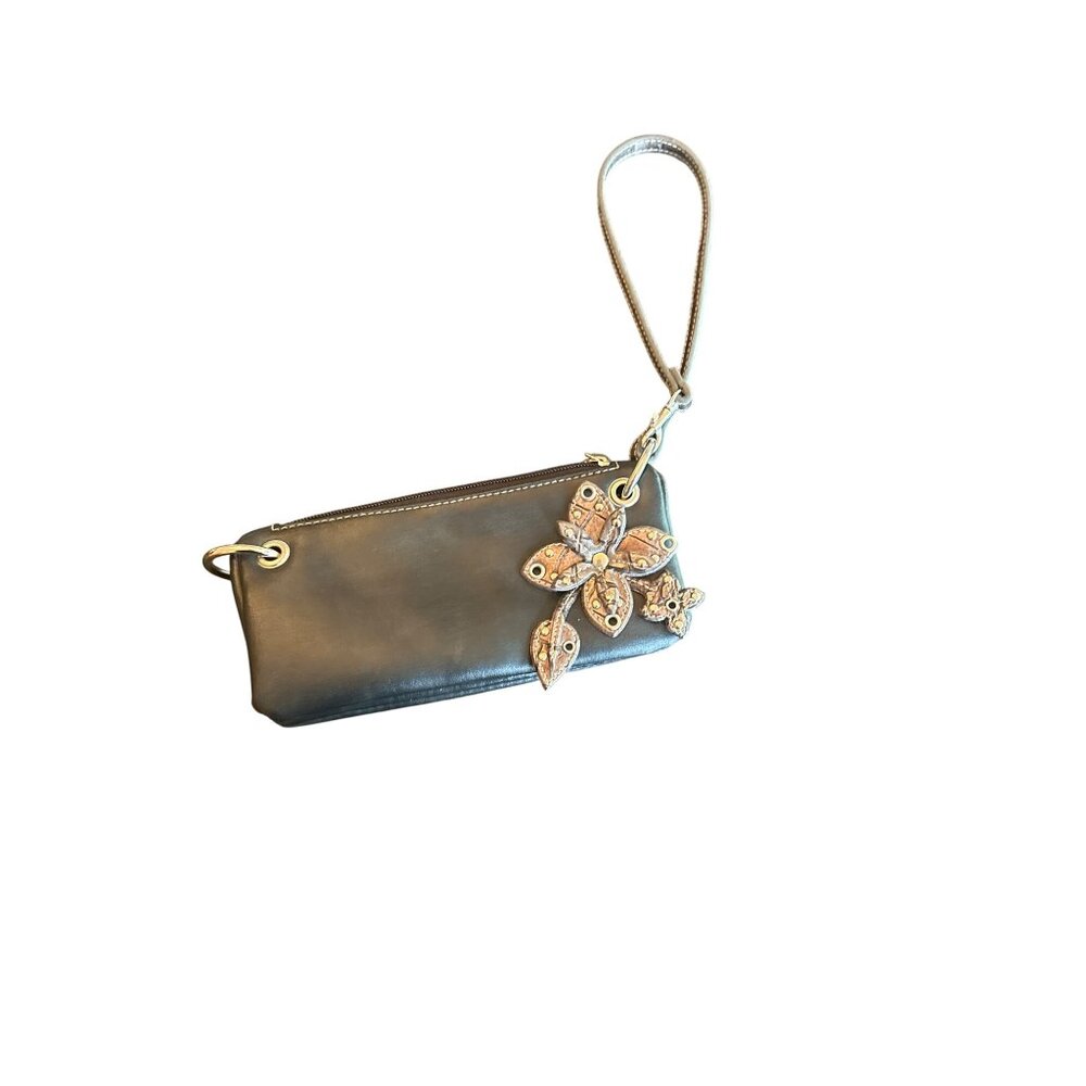 Black Faux Leather Wristlet Clutch Floral‎ Charm Zip Closure Y2K